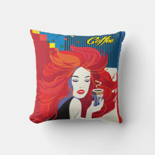 Härlig modekvinna och kaffekopp POP-ART Kudde