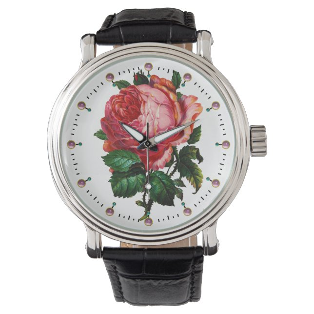 HÄRLIG ROSA ROS MED GEMSTONES ARMBANDSUR (Framsida)