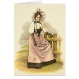 Härlig schweizisk kvinna i den traditionella hälsningskort