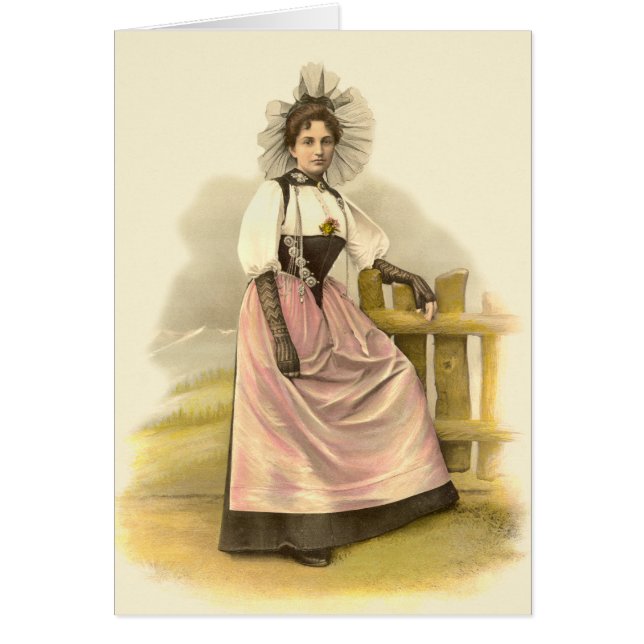 Härlig schweizisk kvinna i den traditionella hälsningskort (Framsidan)