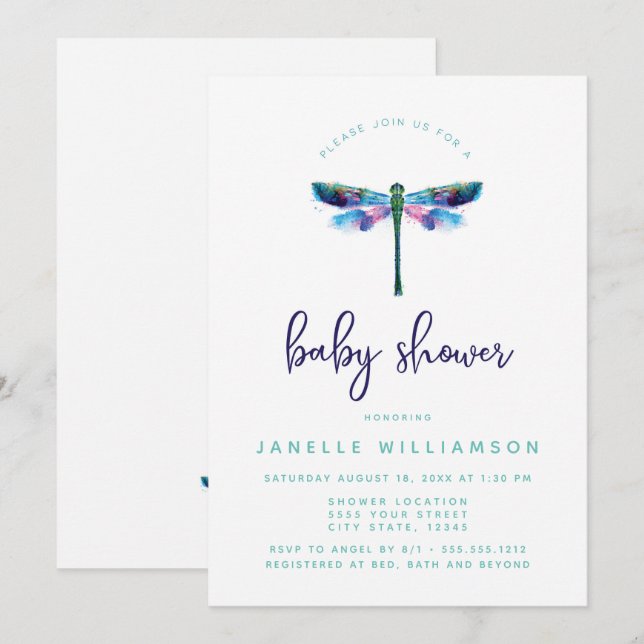 Härlig slända, baby shower inbjudningar (Fram/baksida)