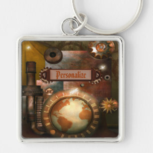 Härlig Steampunk personlignyckelring Fyrkantig Silverfärgad Nyckelring