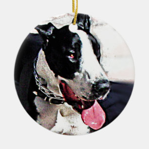 Härlig svartvit hund julgransprydnad keramik