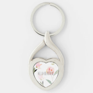 Härlig vattenfärgblommigt för hejer twisted heart silverfärgad nyckelring