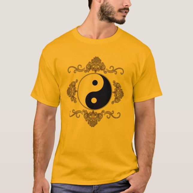 Härlig Yin Yang design i svart och guld Tee Shirt (Framsida)