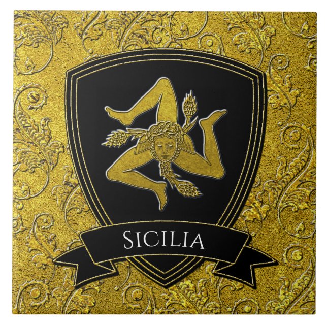 Härliga utsmyckade Sicilian Trinacria Kakelplatta (Framsidan)