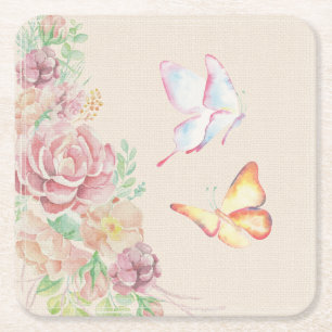 Härliga vattenfärgblommor och fjärilar underlägg papper kvadrat