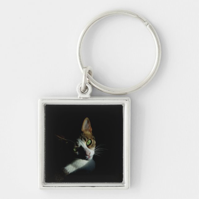 Härligt kattfoto fyrkantig silverfärgad nyckelring (Framsidan)