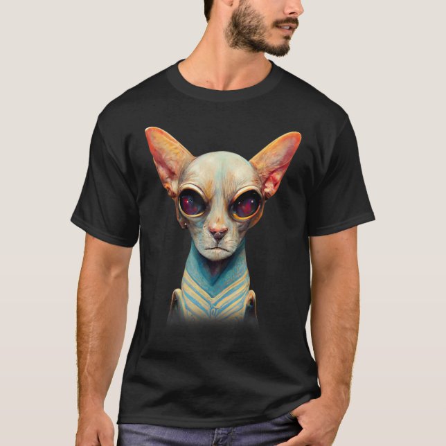 Hårlös sfärx Kat Alien UFO Porträtt T Shirt (Framsida)