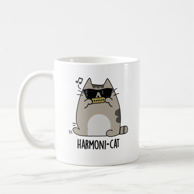 Harmoni-cat Funny Harmonica Cat Pun Kaffemugg (Vänster)