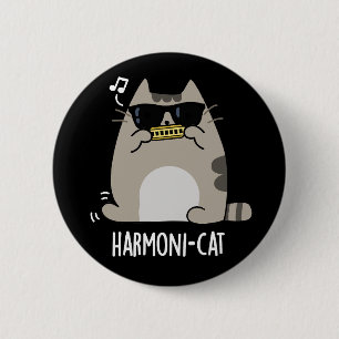 Harmoni-cat Funny Harmonica Cat Pun Mörk BG Knapp