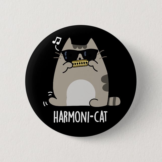 Harmoni-cat Funny Harmonica Cat Pun Mörk BG Knapp (Framsida)