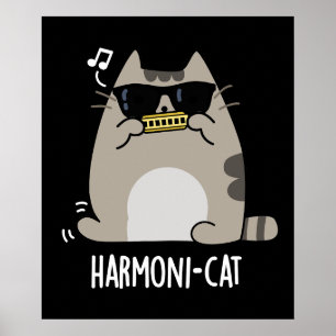 Harmoni-cat Funny Harmonica Cat Pun Mörk BG Poster