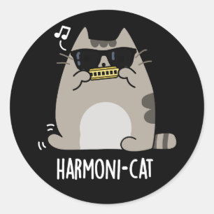 Harmoni-cat Funny Harmonica Cat Pun Mörk BG Runt Klistermärke