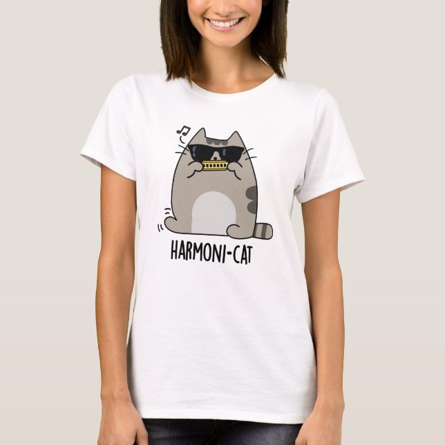 Harmoni-cat Funny Harmonica Cat Pun T Shirt (Framsida)