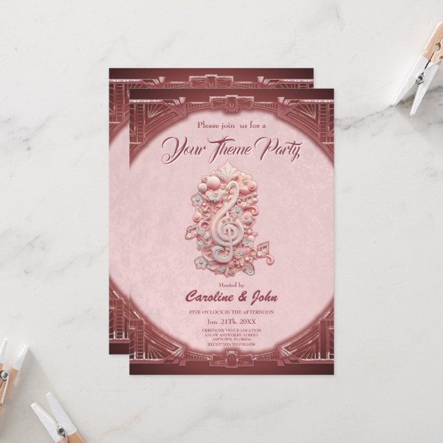 Harmoni i rosa, en stor, stiliserad treble clef. inbjudningar (Fram/Back In Situ)