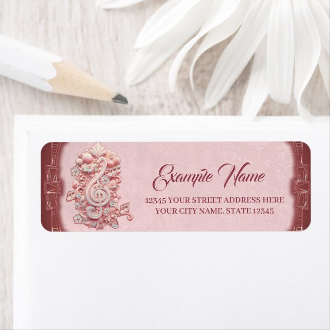 Harmoni i rosa, en stor, stiliserad treble clef. returadress etikett (Insitu)