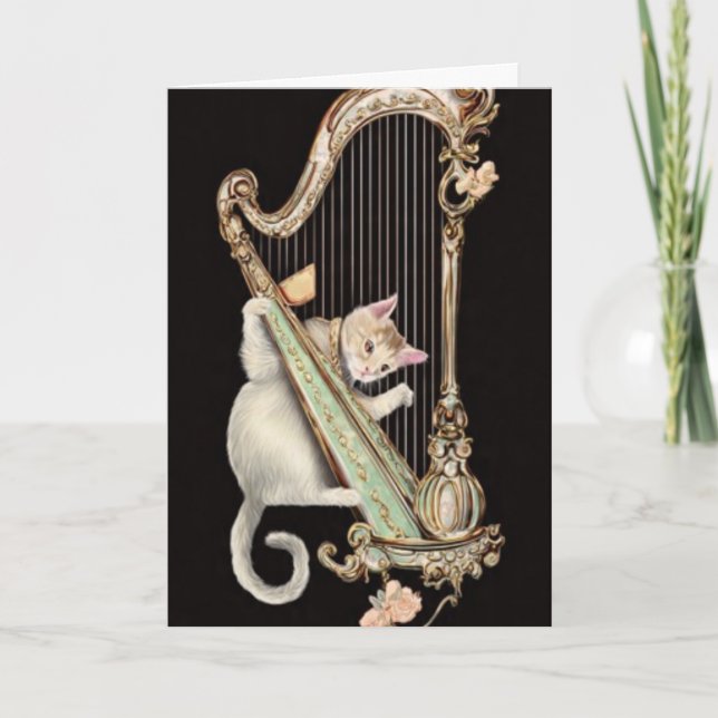 Harmonic Whiskers – Cat & Harp Greeting Card Kort (Framsida)