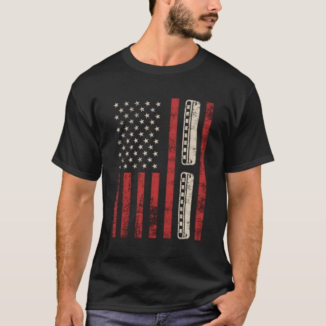 Harmonica American Flagga Patriotic Harmonica Play T Shirt (Framsida)
