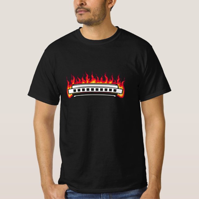 Harmonica Flame Instrument Blues T Shirt (Framsida)