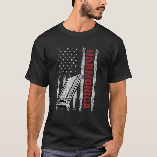 Harmonica Musical Instrument American Flagga 4:e a T Shirt (Framsida)