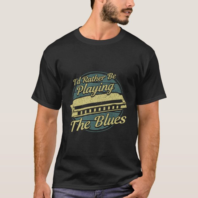 Harmonica Player Blues Music Musician T Shirt (Framsida)