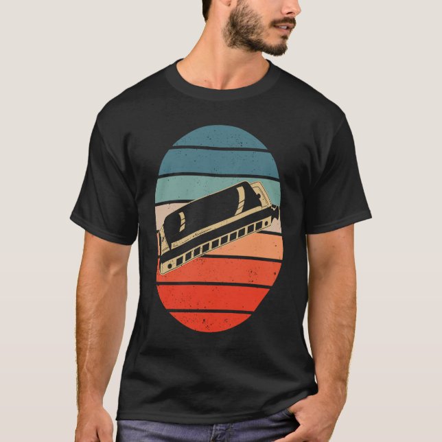 Harmonica Player Retro Sunset Harp T Shirt (Framsida)