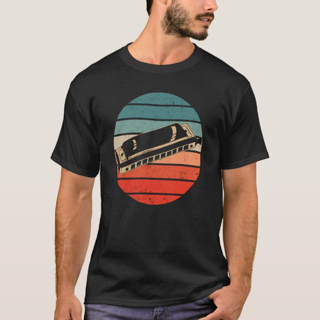 Harmonica Player Retro Sunset Harp T Shirt (Framsida)