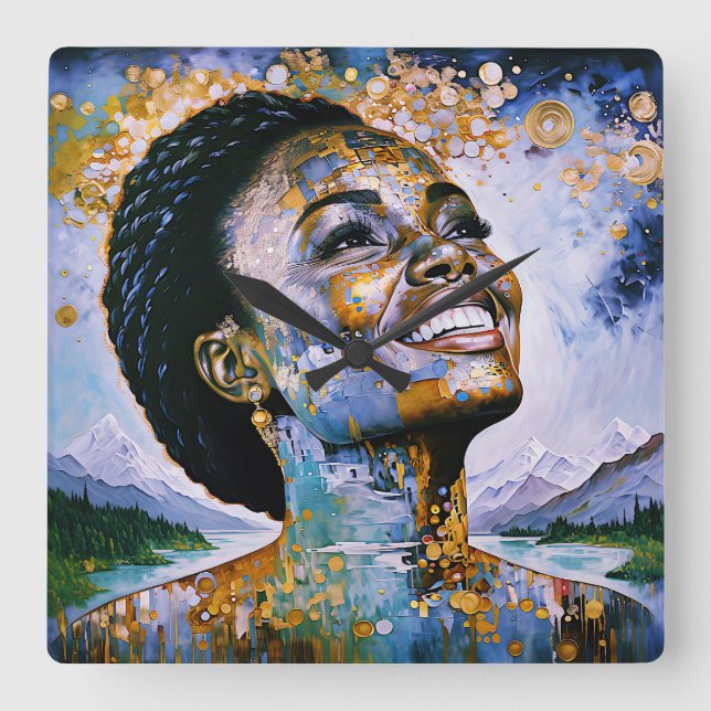 "Harmony i Guld och Himmel" Fyrkantig Klocka (Framsida)