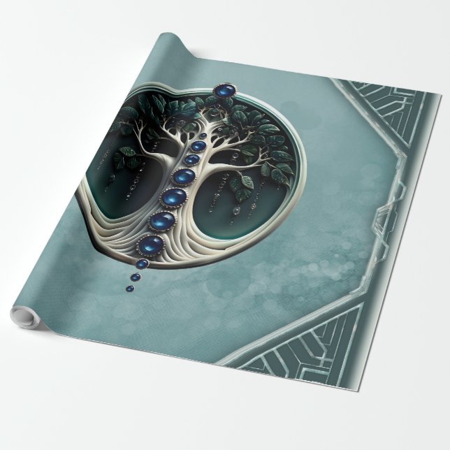 Harmony in teal, Mystical Livets träd. Presentpapper (Utrullad)