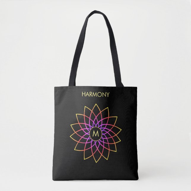 Harmony Multifärgat Mandala på Black Tote Bag Tygkasse (Framsida)