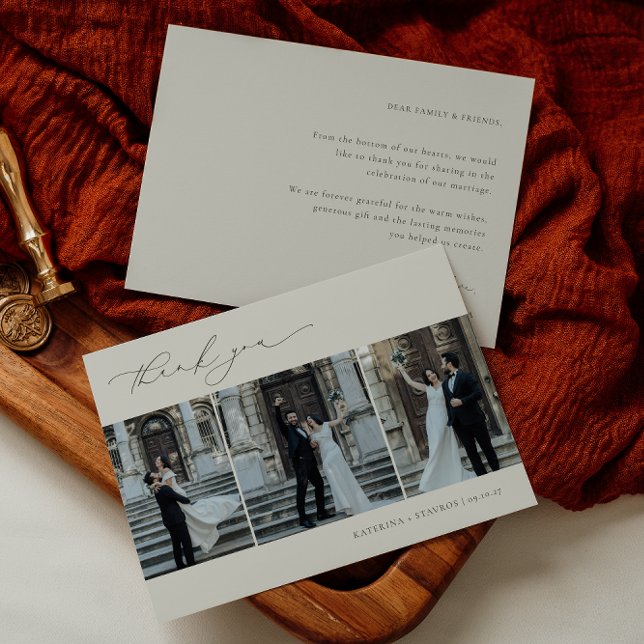 HARMONY Oliv grönt Minimalist 3 Photo Bröllop Tack Kort (Skapare uppladdad)