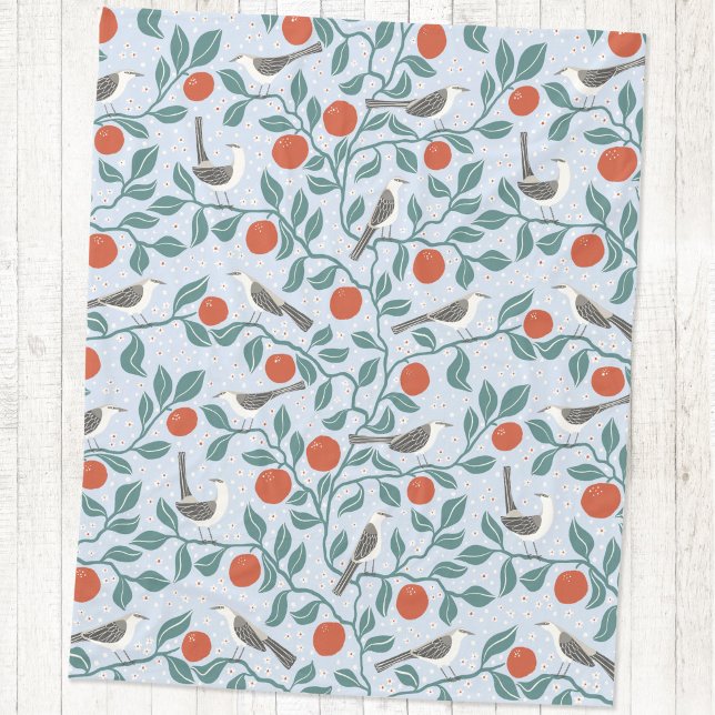 Härmtrast Apelsinblomfågel Blomma Ljus Blå Fleecefilt (Mockingbird and orange blossom bird and botanical fleece blanket)