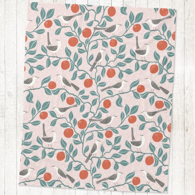 Härmtrast Apelsinblomfågel Blomma Rosafärgad Rosa Fleecefilt (Mockingbird and orange blossom bird and botanical fleece blanket)