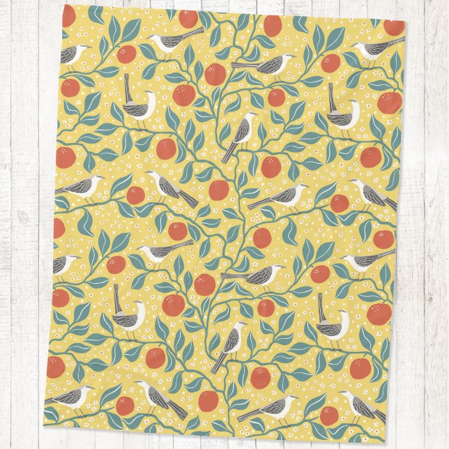 Härmtrast Apelsinblomfågel Blomma Sol Gul Fleecefilt (Mockingbird and orange blossom bird and botanical fleece blanket)