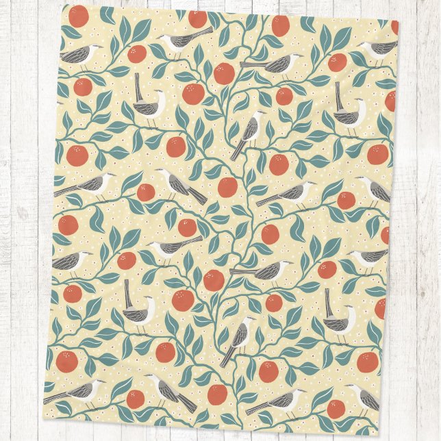 Härmtrast Apelsinblomma Fågel Blomma Ljusgul Fleecefilt (Mockingbird and orange blossom bird and botanical fleece blanket)