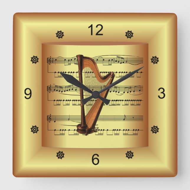 ~ Harp ~ Curved Lakan Music ~ Guld Background ~ Fyrkantig Klocka (Framsida)