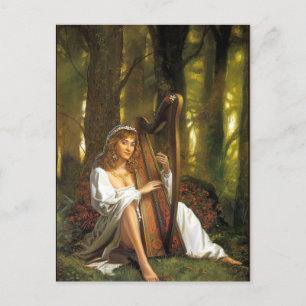 Harp Dam vykort Förtjusande Woman med Harp