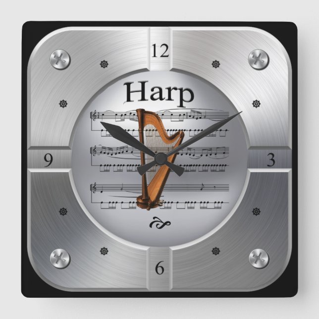 Harp ~ Lakan Music ~ Brödsel Silver Färg ~ Fyrkantig Klocka (Framsida)
