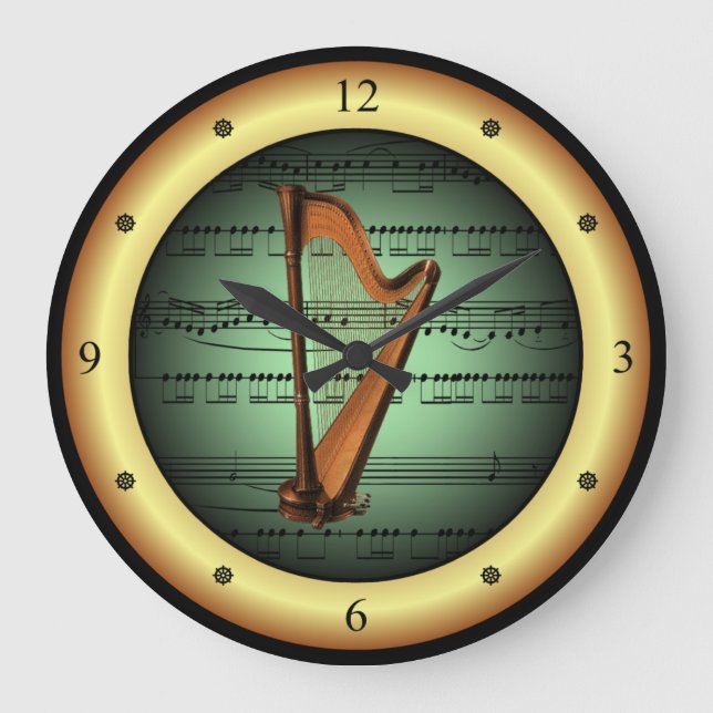 Harp på Lakan Music ~ Grönt på Guld-bakgrunden ~   Stor Klocka (Framsida)