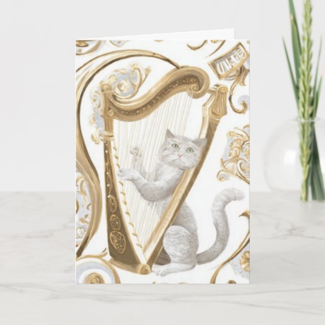 Harp-Playing Cat Greeting Card – Ornate Elegance Kort (Framsida)