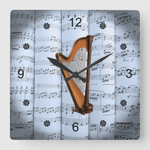 Harp ~ Rolled Lakan Music ~ Blue Tint Background ~ Fyrkantig Klocka