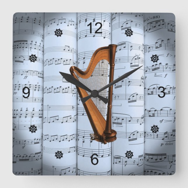 Harp ~ Rolled Lakan Music ~ Blue Tint Background ~ Fyrkantig Klocka (Framsida)