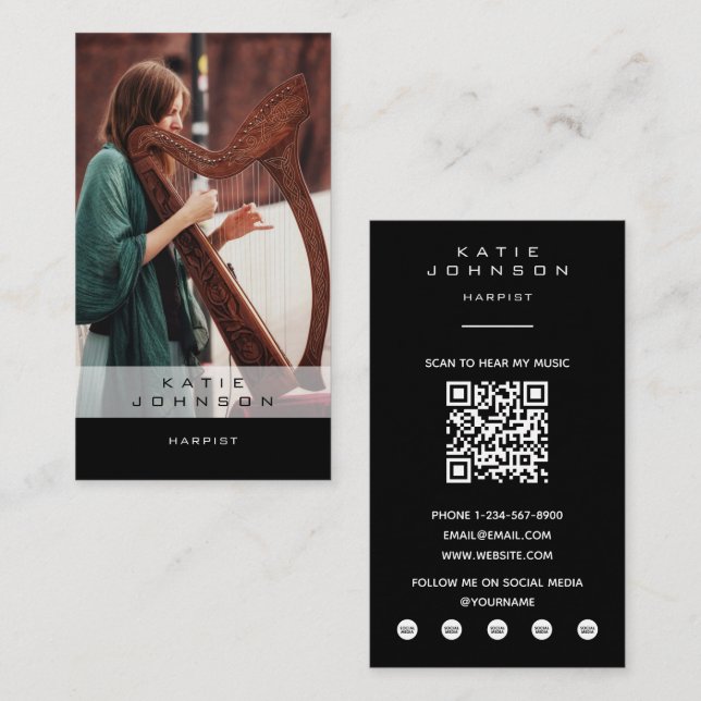 Harpspelare Harpmusiker Lärar Foto QR-kod Visitkort (Fram/baksida)