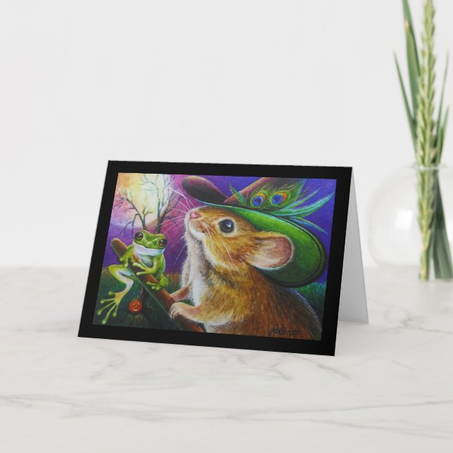 Harriet Halloween Witch Mouse Frog Watercolor Art Kort (Framsida)
