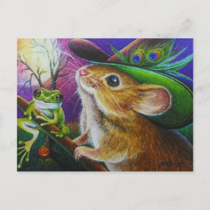 Harriet Halloween Witch Mouse Frog Watercolor Art Vykort
