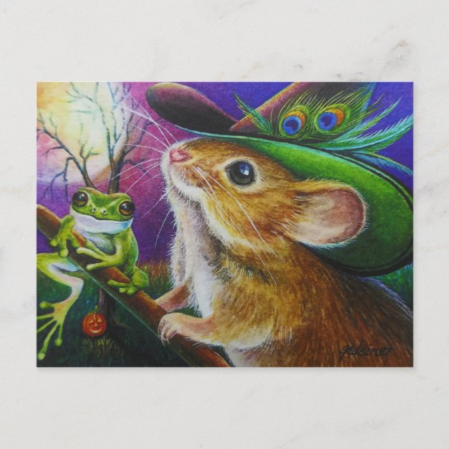 Harriet Halloween Witch Mouse Frog Watercolor Art Vykort (Framsida)