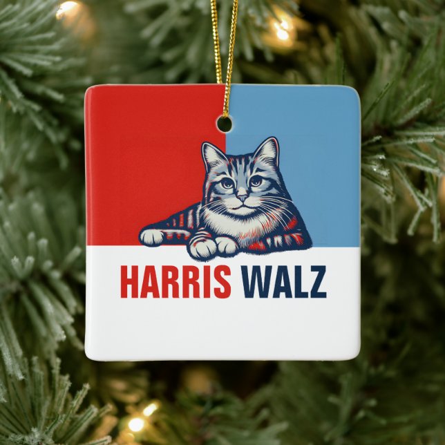 Harris Walz 2024: Uppenbarligen rödblå katt Julgransprydnad Keramik (Träd)