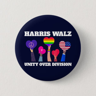 Harris Walz Unity Over Division HGBTQ Mörk blått Knapp