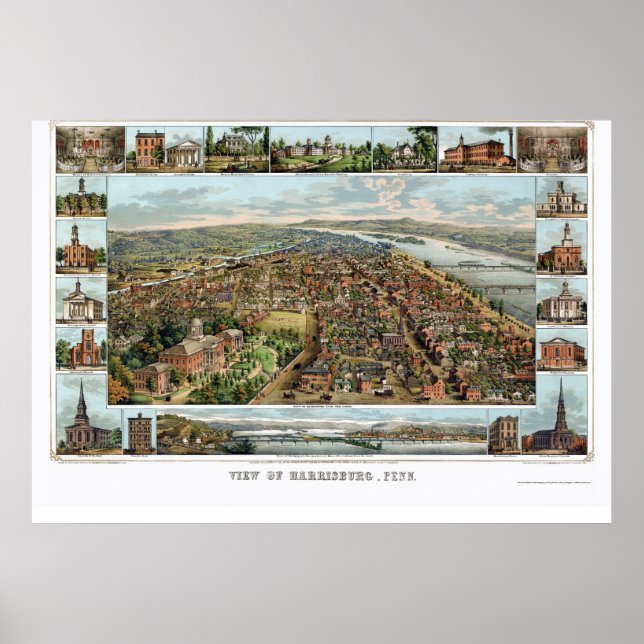 Harrisburg, PA Panoramic Karta - 1855 Poster (Framsidan)
